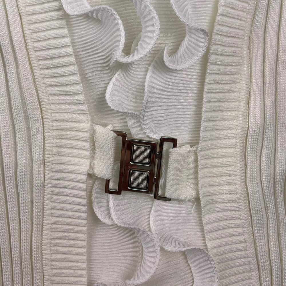 Alison Sheri Cream Ribbed Knit Ruffle Cardigan Sweater Women's XL Elegant‎ - Picture 6 of 10